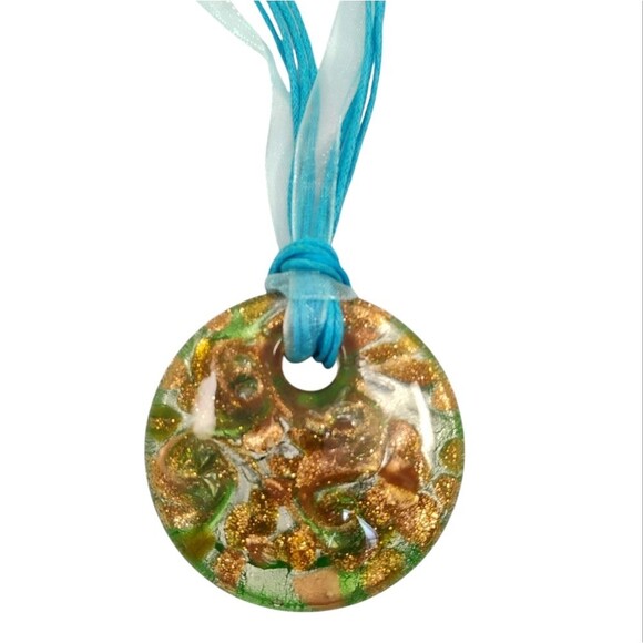 ART GLASS PENDANT NECKLACE ROPE CIRCLE HEART SWIRL GLITTER HANDMADE - Picture 13 of 15